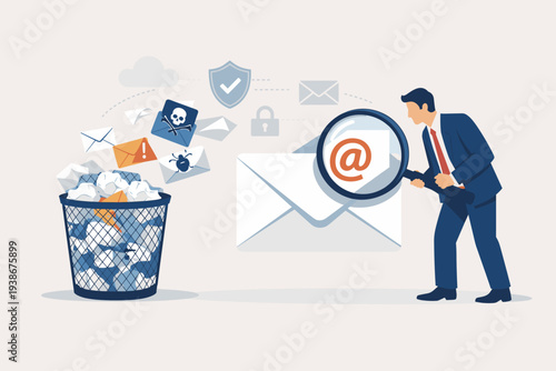 Businessman scanning email with magnifying glass for cyber security, data protection, and junk mail filtering. Concept of online communication technology safety, phishing, and malware detection.