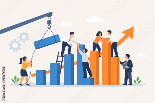 Professional Business Team Collaborating to Build a Growth Bar Chart with an Upward Arrow. Concept of Teamwork, Cooperation, Corporate Success, Strategy, and Progress in a Modern Workplace.