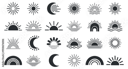 Sun and moon vector icons, rainbow and sunrise weather symbols, minimal solid illustration on transparent background