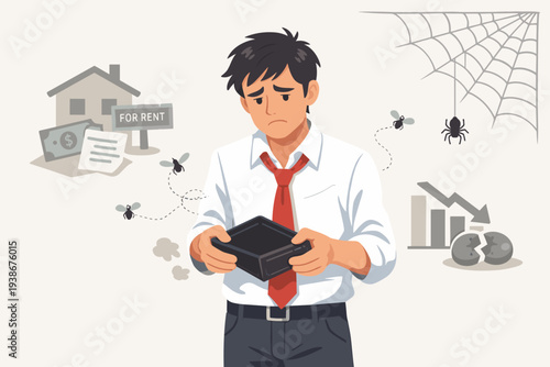 Sad Businessman Holding Empty Wallet Symbolizing Poverty and Financial Crisis. Man Facing Unemployment, Debt, and Trouble Paying Rent or Loans During Economic Downturn and Business Failure.