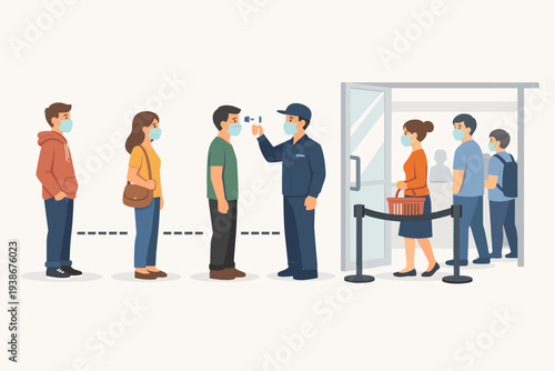 New Normal Lifestyle During COVID-19 Pandemic: People Wearing Face Masks and Social Distancing in a Queue While Staff Checks Body Temperature with Infrared Thermometer at Store Entrance