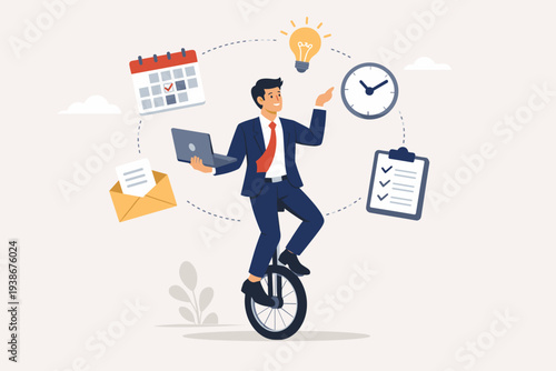Professional businessman riding a unicycle while multitasking with a laptop, calendar, clock, checklist, and email icons. Concept of productivity, time management, and project management skill.