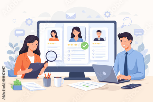 HR Professionals Reviewing Job Candidate Resumes and Profiles on Computer Screen for Talent Acquisition and Hiring Process, Recruitment Team Selecting Best Applicant for Vacancy Illustration.