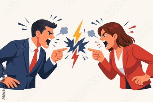 Aggressive Business Conflict and Argument Between Man and Woman in Suits Shouting and Pointing Fingers at Each Other, Concept of Ego, Narcissism, Workplace Disagreement and Professional Clash