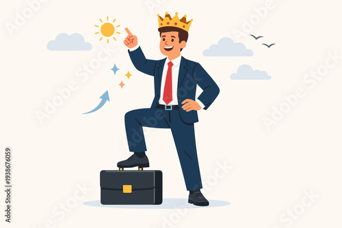 Successful Businessman Wearing a Gold Crown Standing Proudly on a Briefcase Pointing to the Sun. Concept of Career Achievement, Leadership, Self Esteem, Professional Growth, and Entrepreneurship.