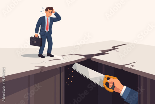 Worried businessman standing on a cracking floor being cut by a giant hand with a saw, metaphor for unexpected business risk, hidden danger, betrayal, economic crisis, and career instability.