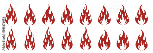 Fire flame vector icon collection, burning heat and hazard symbols, solid red illustration on transparent background