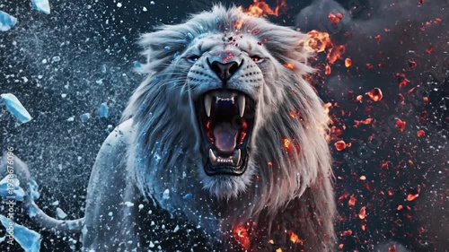 Lion head split with ice and fire elements on dark background