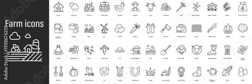 Comprehensive farm icon set: tools, animals, plants, agriculture, equipment