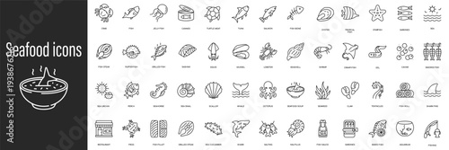 Seafood icons collection: fish, shellfish, cooking, ingredients, restaurant