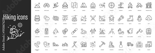 Comprehensive hiking icons: adventure gear, maps, camping essentials, nature elements