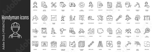 Comprehensive handyman icon set for plumbing, electrical, carpentry, diy projects, and tools