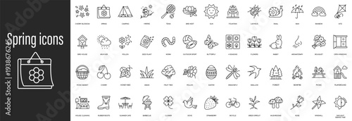 Spring icon set with flowers, sun, easter, and outdoor activities