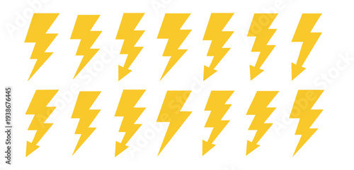 Lightning bolt icons, electric energy thunder power symbols vector set on transparent background