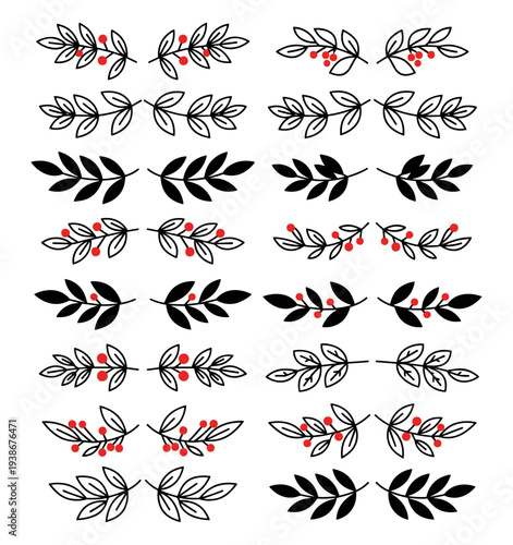 Botanical leaf branch icons set, floral foliage ornaments with berries vector outline on transparent background