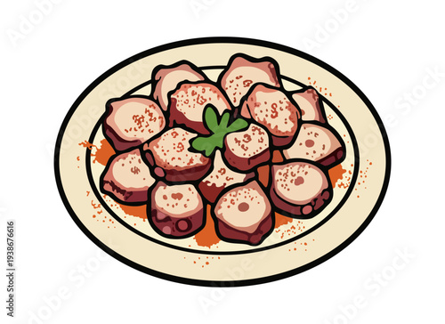 Pulpo a galega. Galicia's octopus plate. Traditional Spanish cuisine. Vector isolated illustration