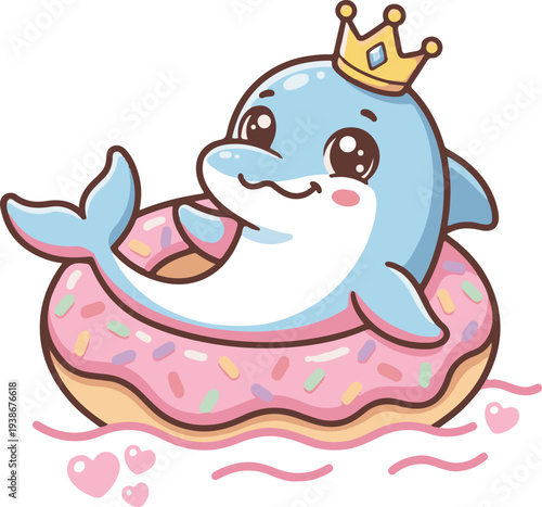 Cute adorable dolphin floating on a donut floatie cartoon vector