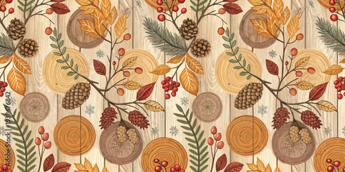 Autumnal botanical pattern with leaves and pine cones on neutral background Vector