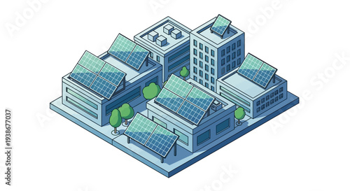 Isometric illustration of a city rooftop with solar panels on buildings, showcasing renewable energy in an urban setting with a green and eco-friendly design