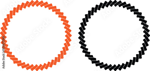 Set of orange and black dashed circular rope frames isolated on transparent background