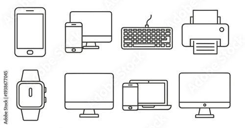 Technology device icons set, computer smartphone tablet monitor and office electronics vector outline on transparent background
