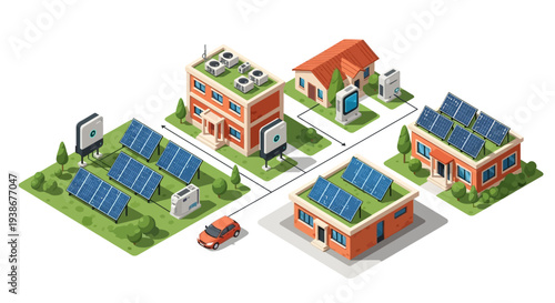 Isometric illustration of a city rooftop with solar panels on buildings and a solar farm, showcasing renewable energy solutions in an urban setting with green spaces