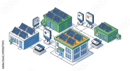 Isometric illustration of a city rooftop solar panel system with buildings and renewable energy infrastructure in a green urban environment