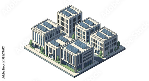Isometric illustration of a city rooftop with solar panels on buildings, showcasing eco-friendly urban architecture and renewable energy solutions in a 3D model