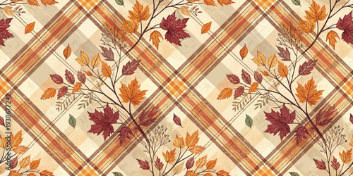 Autumnal plaid fabric with floral and leaf patterns in warm earth tones Vector
