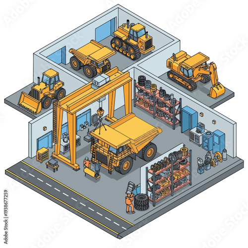 Heavy Machinery Workshop with Yellow Vehicles Inside.