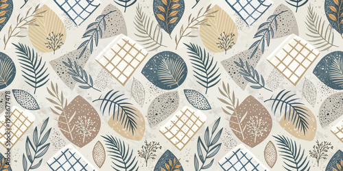 Botanical geometric pattern with earthy and pastel tones on textile background Vector