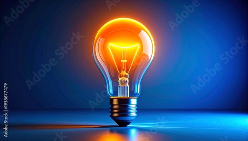 Neon light bulb glowing in yellow‑orange with blue base and radiant white lines, symbolizing creativity, innovation, inspiration, and bright ideas.