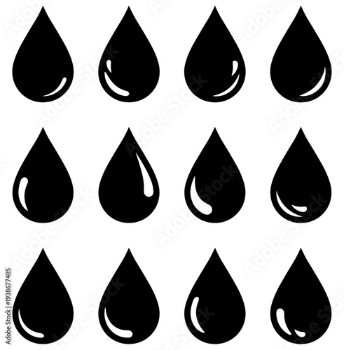 Water drop icon set, liquid and fluid teardrop symbols in black silhouette vector on transparent background