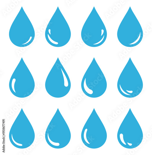 Liquid water and oil drop icons, teardrop shapes and drip symbols outline vector set on transparent background