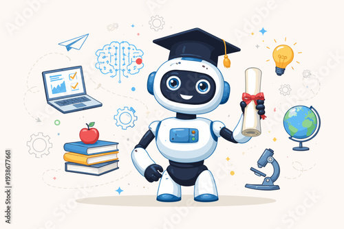 AI in Education Vector Illustration of a Cute Robot Graduate Holding a Diploma with School Icons like Books, Laptop, Microscope, and Globe for Digital Learning and Academic Innovation.