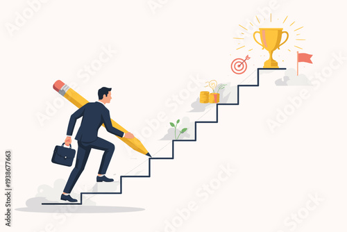 Businessman drawing his own path to success with a giant pencil climbing stairs towards a golden trophy and target, concept for career growth, ambition, personal development, and achievement.