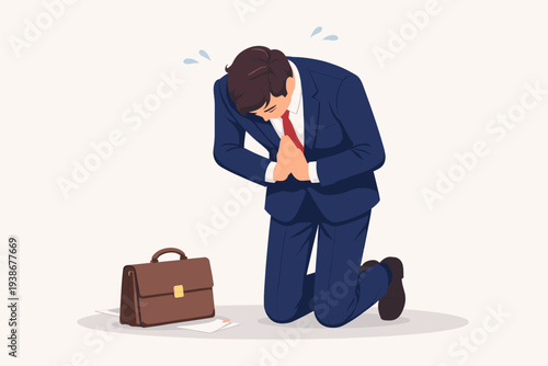Businessman in a Blue Suit Kneeling and Begging for Forgiveness with Hands Together in a Prayer Gesture, Feeling Regret and Deep Sorrow After a Professional Mistake or Corporate Failure