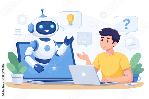 Artificial Intelligence Robot Helping a Man with Online Chatbot Assistance, Virtual Assistant for Problem Solving, Customer Support, Education, and Technology, Modern Flat Vector Illustration