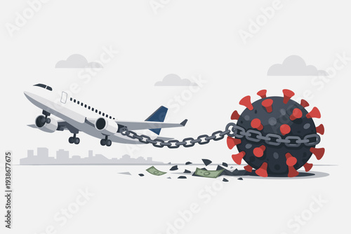 Impact of Coronavirus COVID-19 Pandemic on Global Airline and Travel Industry Illustration Showing Airplane Chained to Virus Molecule Causing Financial Crisis Bankruptcy and Economic Problems