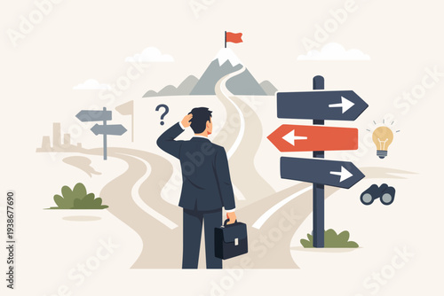 Business decision making concept with a businessman at a crossroads looking at signposts and multiple paths to success, choosing the right direction for career growth and leadership goals.