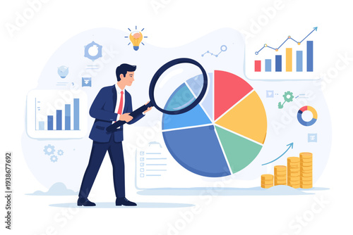 Professional businessman conducting financial research and data analysis using a magnifying glass to examine a pie chart, bar graphs, and growth trends for business strategy and reporting.