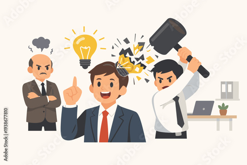 Toxic Workplace Environment with Jealous Colleague Sabotaging a Creative Idea. Businessman with a Bright Lightbulb Idea is Attacked by a Coworker with a Hammer while an Angry Boss Looks On.