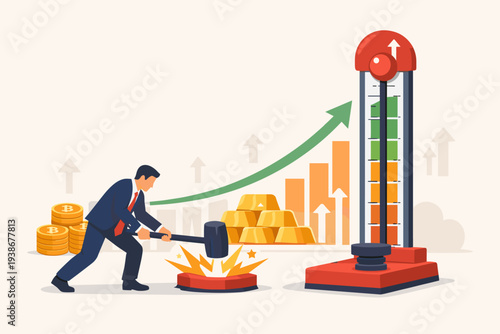 Businessman hitting high striker to reach an all-time high in market prices. Financial investment concept with rising arrow graph, gold bars, and Bitcoin stacks showing bull market rally and growth.