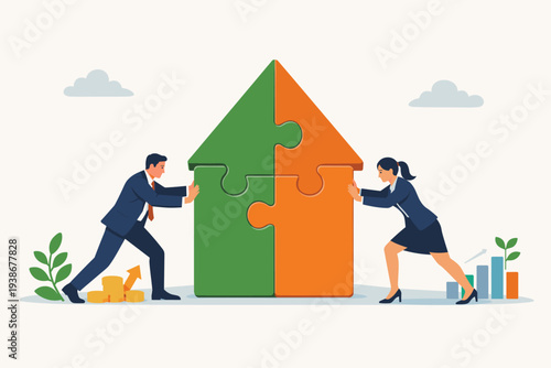 Business Merger and Acquisition Concept with Professional Man and Woman Pushing Large Puzzle Pieces Together to Form Upward Arrow for Growth, Success, Partnership, Teamwork, and Corporate Strategy.