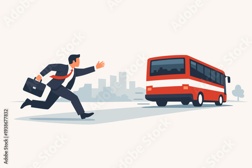Businessman Running After a Departing Red Bus, Concept of Missing an Opportunity, Being Late for Work, Failure, Exclusion, and Stressful Urban Commute, Flat Vector Illustration of a Late Employee.