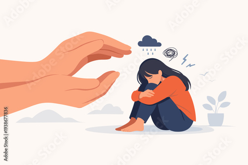 Mental Health Support and Psychotherapy Concept with Large Hands Protecting a Depressed Woman Sitting in Sadness, Empathy and Care for Anxiety, Stress, and Psychological Illness Treatment.