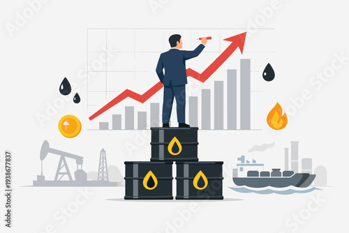 Businessman standing on oil barrels drawing a rising red arrow on a financial chart representing crude oil price growth, energy market recovery, high demand for gasoline and fuel commodities.