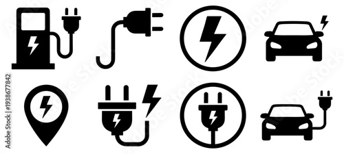 Electric car charging station icons with plug, battery and lightning symbols isolated on transparent background