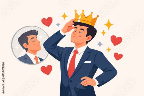 Narcissistic Businessman Looking in Mirror Seeing Himself with a Golden Crown, Concept of Extreme Self-Involvement, Egocentric Personality Disorder, Overconfidence, and Excessive Self-Love