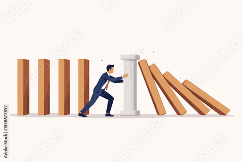 Businessman stopping a domino effect by pushing a white pillar, representing proactive risk management, crisis prevention, business stability, and strategic protection against potential failure.